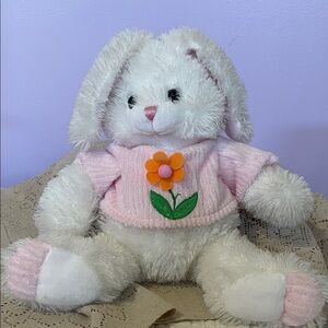 Soft White Bunny Plush with Pink Flower Sweater